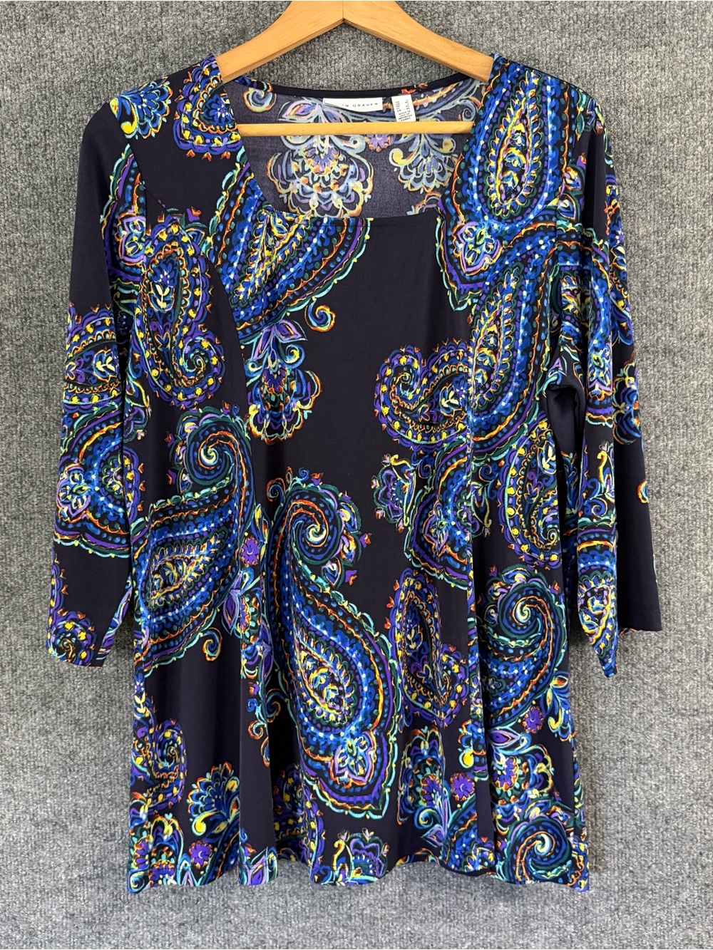 Susan Graver Womens Large Blue Paisley Liquid Knit Tunic Top 3/4 Sleeve Square N